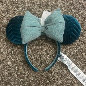 Teal Velvet Minnie Mouse Ears Headband with Glitter Bow